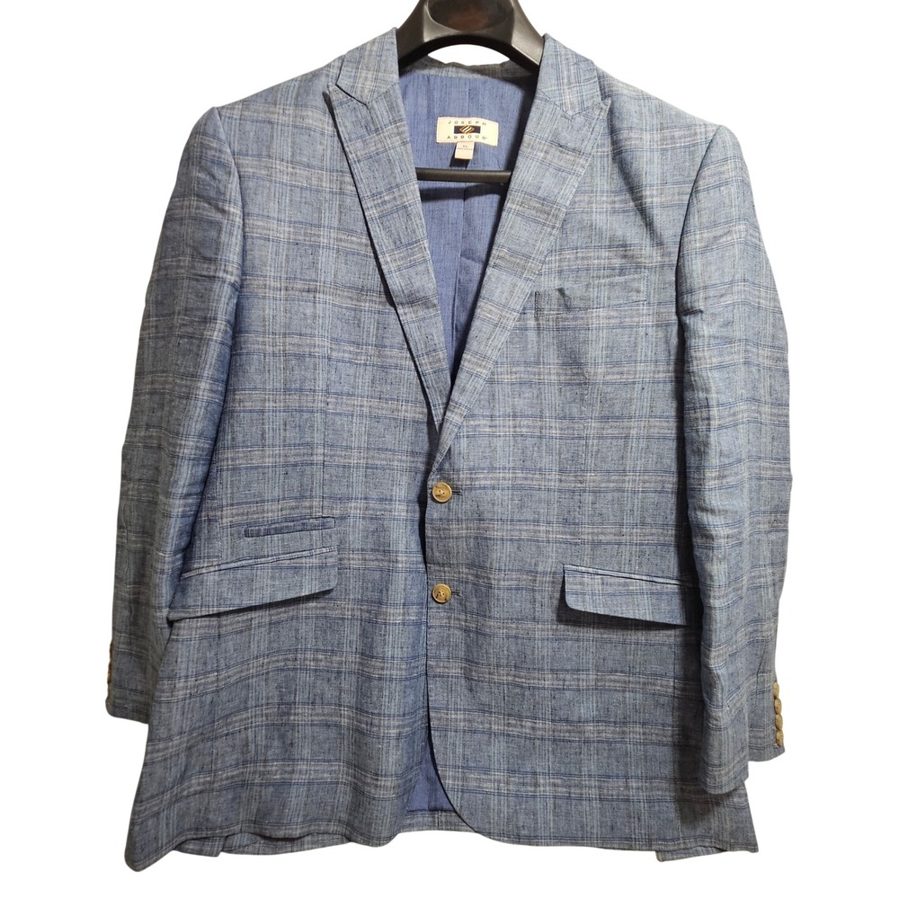 Joseph Abboud Blazer XL Blue Plaid 100% Linen Two Button Sport Coat